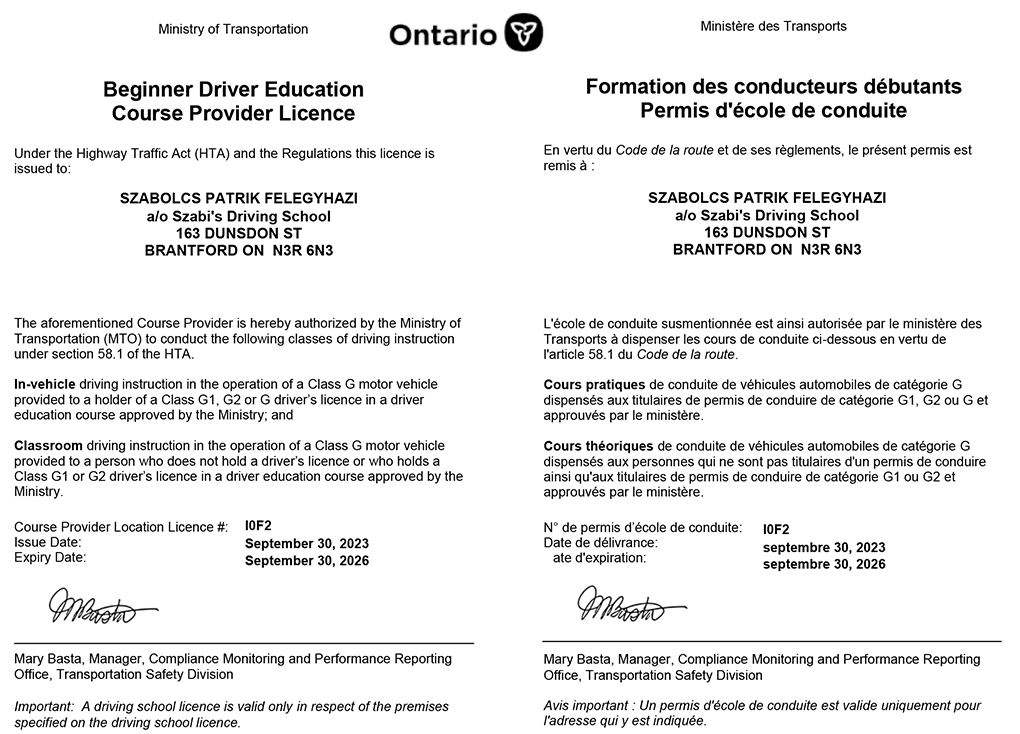Szabi's beginner driver education course provider licence.
