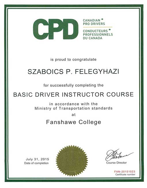 Szabi's Felegyhazi's in-car teaching certificate.