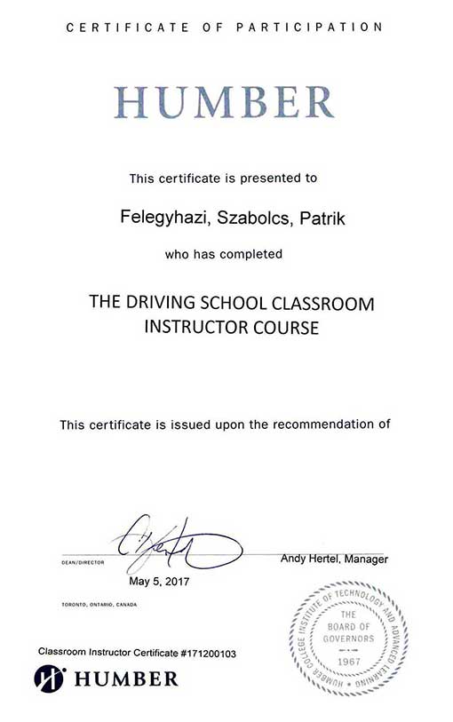 Szabi Felegyhazi's classroom teaching certificate.