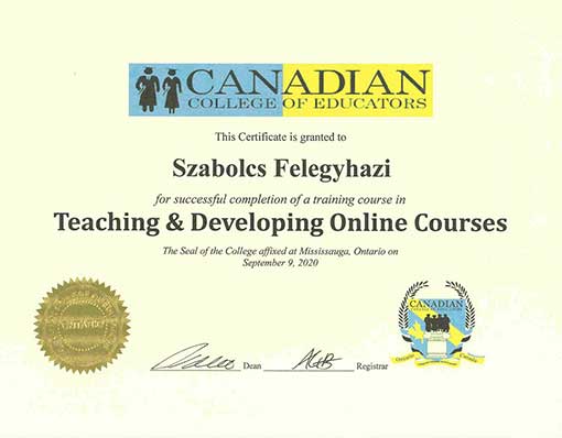 Szabi Felegyhazi's online driving teaching certificate.
